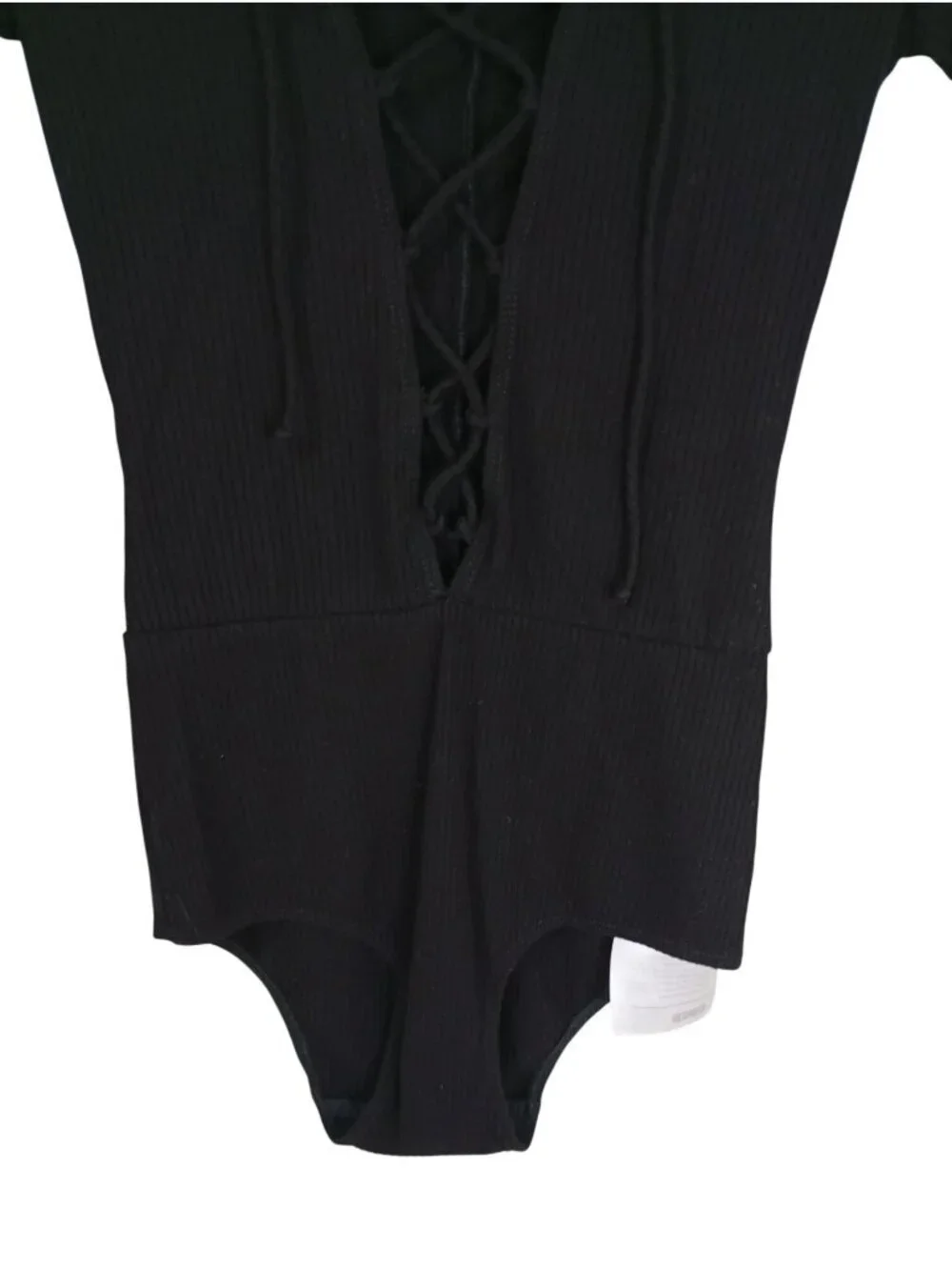 Reformation Black Long Sleeve Ribbed Lace-Up Front Bodysuit XS Womens USA-Made